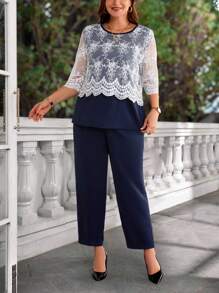 EMERY ROSE 2pcs/Set Plus Size Women Embroidered Round Neck 3/4 Sleeve Top And Pants Set,Christmas Clothes Women