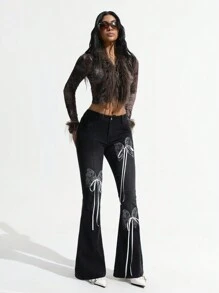 SHEIN ICON Jeans With Butterfly Print & Bow Decor Bell Bottoms Skinny Flared Jeans - Black - View 3