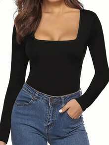 Winter Thick Fleece Square Neck Long Sleeve Slim Bodysuit - Black - View 3