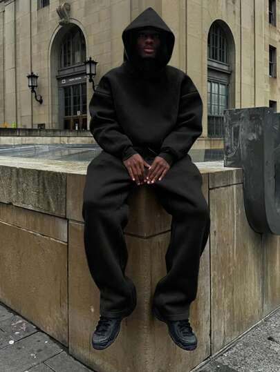 Manfinity Dauomo 2pcs Men's Solid Color Long Sleeve Casual Hoodie Sweatshirt & Pants Set