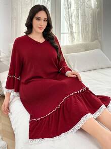 Vestido de dormir informal oversize con volantes de encaje en contraste, talla grande, para Navidad - Burdeos - Ver 4