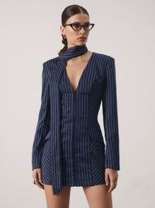 COSMINA 女士迷你连衣裙、商务休闲风格、办公室时尚装扮、网红同款、老钱风格 - 藍色 - 查看 3