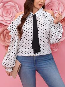 SHEIN LUNE Plus Size Elegant Polka Dot Off Shoulder Long Sleeve Shirt New Year Summer Women's Clothing