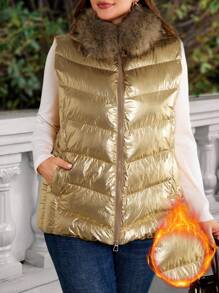 EMERY ROSE Plus Size Sleeveless Zipper Pocket Winter Coat With Fur Collar, Simple Fashion Casual Outerwear For Daily Wear, Thanksgiving Women, New Years Women ,Winter Coats - Gold - View 2