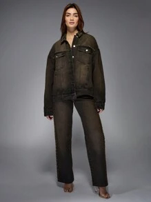 MISSGUIDED Designer Studded Trucker Jacket Western Edgy Fall Winter Fashion Rockstar Street Style Oversized Statement Distressed Premium Party Outerwear