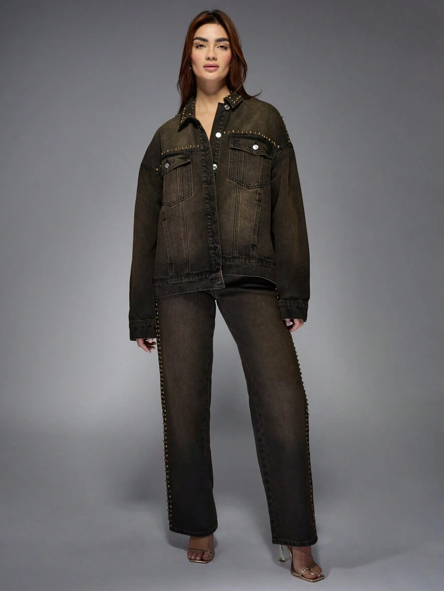 MISSGUIDED Designer Studded Trucker Jacket Western Edgy Fall Winter Fashion Rockstar Street Style Oversized Statement Distressed Premium Party Outerwear