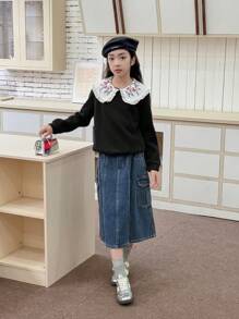 Áo nỉ in hoa cổ Peter Pan màu trắng cho bé gái màu đỏ - màu đen - Xem 5