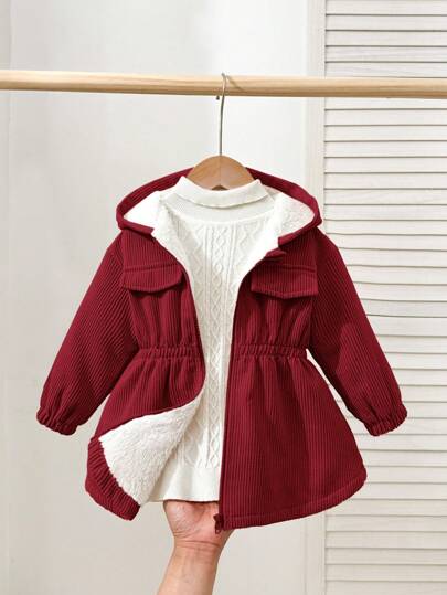 Baby Girls Autumn/Winter Cute Corduroy Hooded Thermal Lined Jacket, Burgundy