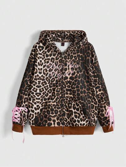 Kawaii Sweat-shirt femme style streetwear Y2K avec ruban, nœud et imprimé léopard