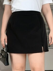 Dazy Petite Plus Plain A-Line Mini Skirt With Side Slit, Short Hem, Black, All Seasons