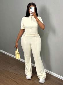 Slaydiva Plus Size Women's Casual Solid Color Short Sleeve Cropped Top And Long Flared Pants 2 Pieces Set - Apricot - View 2