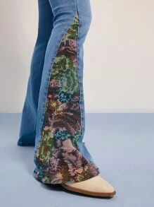 WESTFADE Quần Jeans Ống Loe Co Giãn Cạp Cao Giữa Họa Tiết Hoa Mùa Xuân Nashville Outfits - Rửa trung bình - Xem 4