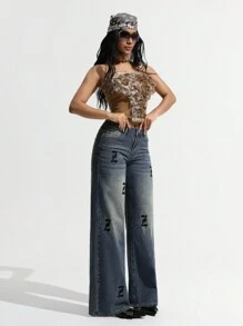 SHEIN ICON Jeans droits baggy taille basse femme, imprimé lettre vintage avec poches, lavé - Jean bleu - Voir 2