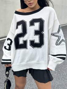 SHEIN EZwear Women's Asymmetric Collar Striped Casual Loose Long Sleeve Knit Sweater, Autumn/Winter