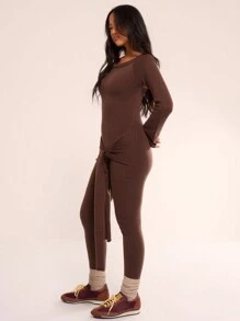MUSERA Drape Front Flare Sleeve Knit Unitard, Sexy Club Spring Summer Vacation Elegant - Chocolate Brown - View 2