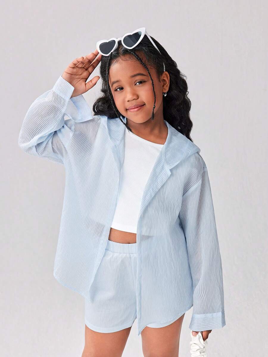 SHEIN Tween Girl Casual Fashionable Ruffled Blouse Paired With Matching Bottom, 2pcs Set, & Sweet, Comfortable Soft Fabric Suitable For Outdoor, Casual Gatherings, Vacation, School And Other Occasions - Multicolor - View 1