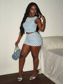 Slaydiva Fashionable Plaid Fringe Trim Fitted Mini Denim Skirt - Light Wash - View 5