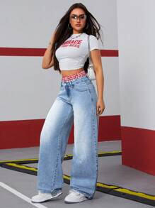 SHEIN ICON Damen Karomuster Gürtel Hüftjeans mit weiter ausgestellter Passform in ausgewaschener Optik