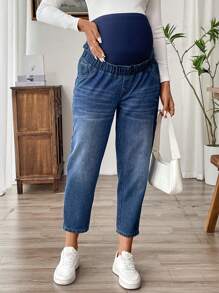 SHEIN Maternity Knit Belly Support Blue Denim Slim Tapered Pants - Blue - View 1