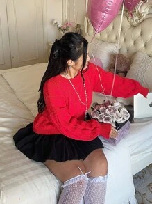 Flirla Suéter de manga farol de unicolor informal para día de San Valentín de talla grande