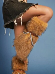 SHUZIA New Fluffy Vegan Leather Zipper Pointed Toe, Chain Decor Heeled Boots Holiday Vacay Vibe For And Summer Shoes Spring Shoes Spring Break Easter