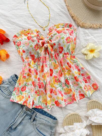 Soleia 女士度假风编织浪漫花卉印花荷叶边抹胸衬衫