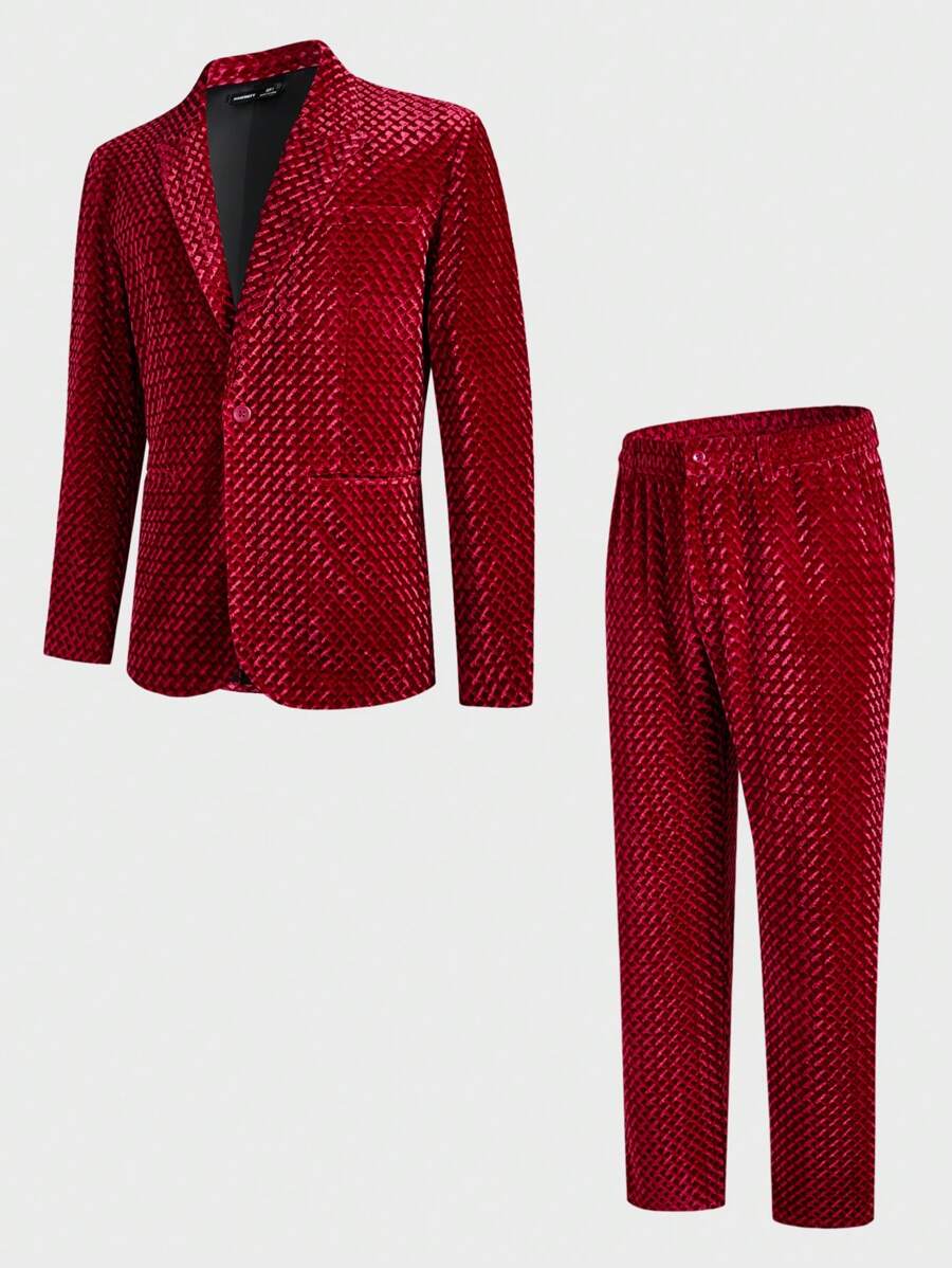 Manfinity VCAY 2pcs/Set Men's Woven Slim Fit Casual Collared Long Sleeve Suit Set, Suitable For Daily Office Wear - Red - View 1