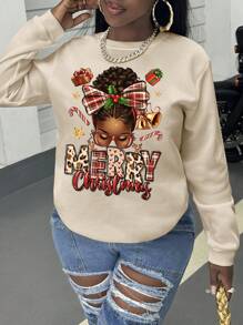 SHEIN Slayr Sudadera de cuello redondo acanalada para mujer, casual y de moda, adecuada para Navidad