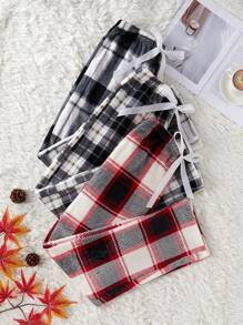 3pcs Women Plaid Print Flannel Pajama Set