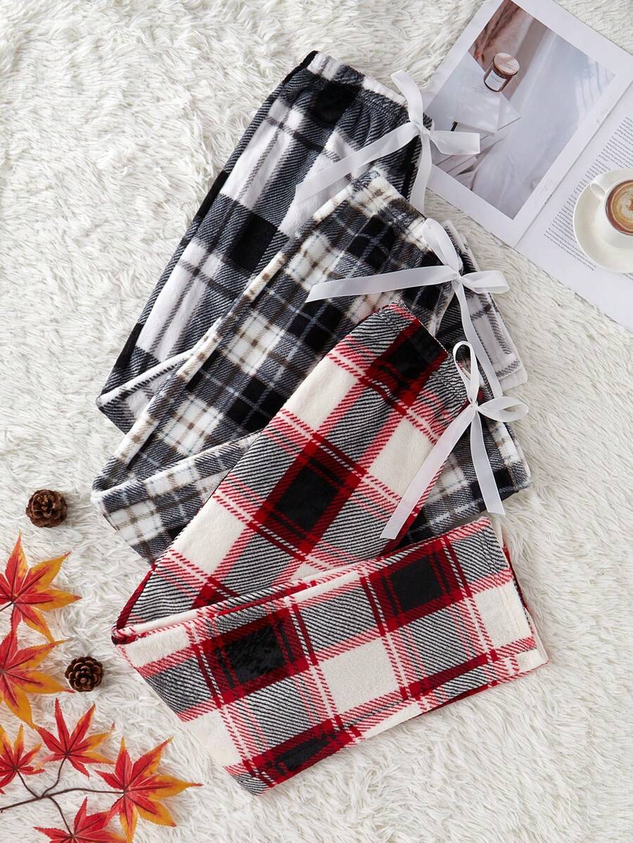 3pcs Women Plaid Print Flannel Pajama Set