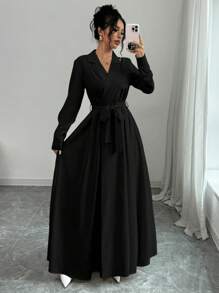 Selianne Elegant Collared Waist Pleated Cinched Waist Design Dress Fall Cloth For Women