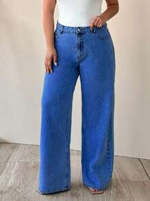 EURMUSE 100% Cotton HIGH WAIST WIDE LEG CUT PLUS SIZE  JEAN - Dark Wash - View 1