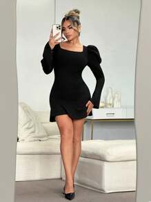 SHEIN SXY Vestido negro elegante de manga abullonada para damas, otoño/invierno