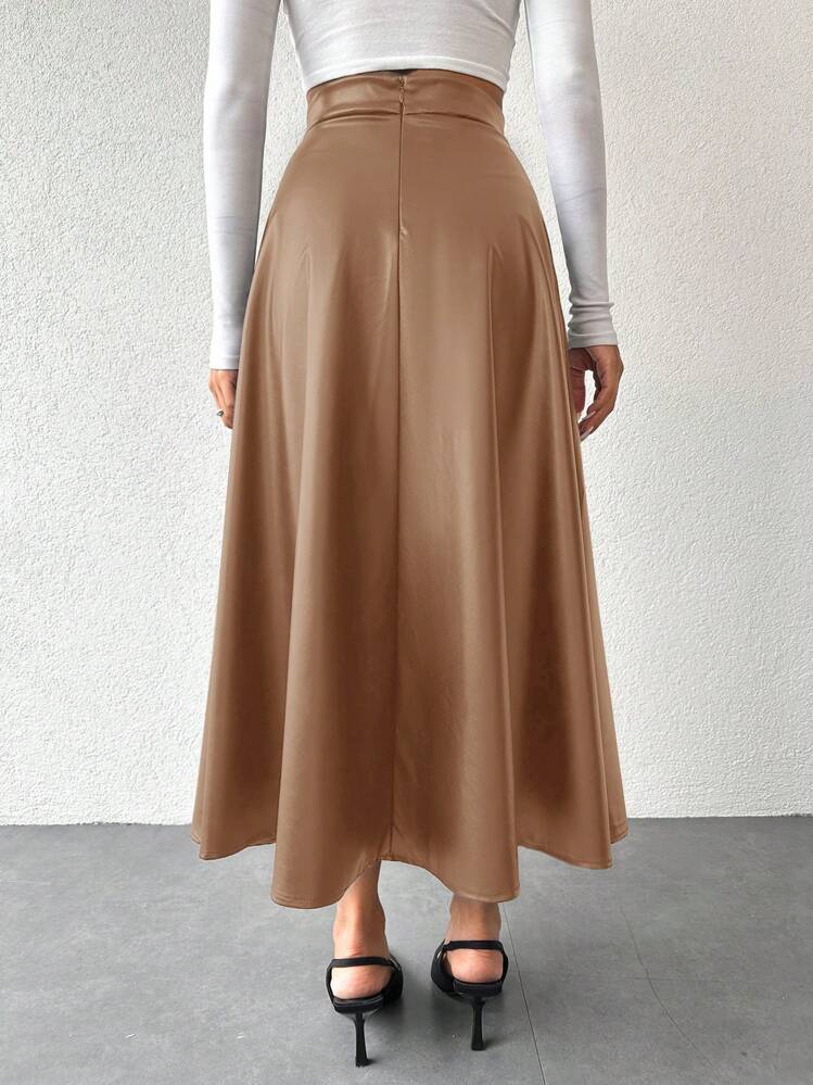 EURMUSE Women Skirt, PU Skirt, Aline Solid Color Simple Fashionable Daily - Brown - View 2