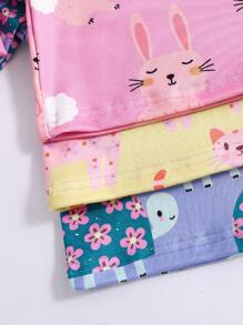 6pcs/Set Baby Girls' Minimalist Fashion All Over Print Turtle, Rabbit, Cat Animal Pattern Long Sleeve Tight Fit Pajamas - Multicolor - View 4