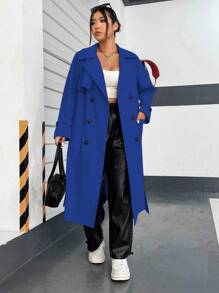 Flirla Plus Size Casual College-Style Retro Double-Breasted Lapel Side Pocket Trench Coat - Royal Blue - View 3