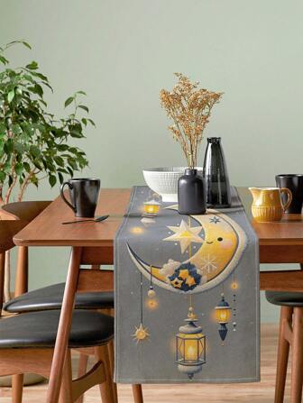 斋月新月灯图案印花亚麻桌旗，适用于日常厨房、餐厅、餐桌装饰、鞋柜、储物柜盖