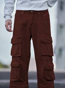 Manfinity Hypemode Men's Multi-Pocket Loose Straight Leg Casual Denim Pants - Brown - View 7