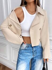 Lunelith SHEIN Lunessa Women's Minimalist Elegant Short Loose Apricot Trench Coat With Frayed Edges Fall Winter Cloth For Women