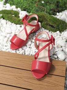 新款女孩红色蝴蝶结高跟鞋，儿童露趾粗跟凉鞋 - 紅色 - 查看 3