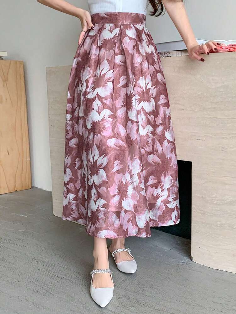 Women's High-Waisted Floral Print Pleated Skirt, Elegant Summer Long Skirt Boho