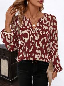 SHEIN Clasi Áo cánh tay dài cổ chữ V họa tiết da báo dáng rộng cho nữ, thanh lịch để mặc hàng ngày - Màu Đỏ Sâu - Xem 6