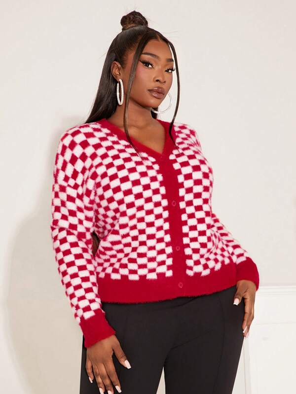 SHEIN SXY Cárdigan casual de manga larga con botón simple y estampado de cuadros para mujer de talla grande, otoño/invierno