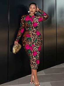 Slaydiva Women Rose Flower Print Long Sleeve Bodycon Dress - Extra Long Casual Autumn Club Party Slim Fit Pencil - Multicolor - View 1