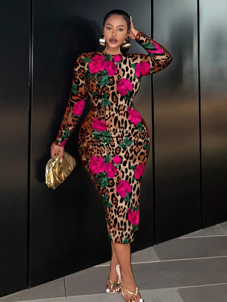 Slaydiva Women Rose Flower Print Long Sleeve Bodycon Dress - Extra Long Casual Autumn Club Party Slim Fit Pencil - Multicolor - View 1