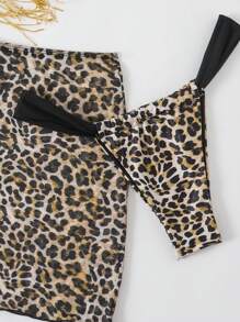 SHEIN Swim 2025 豹纹单肩比基尼、网眼裹裙三件套泳衣夏季 - 彩色 - 查看 5