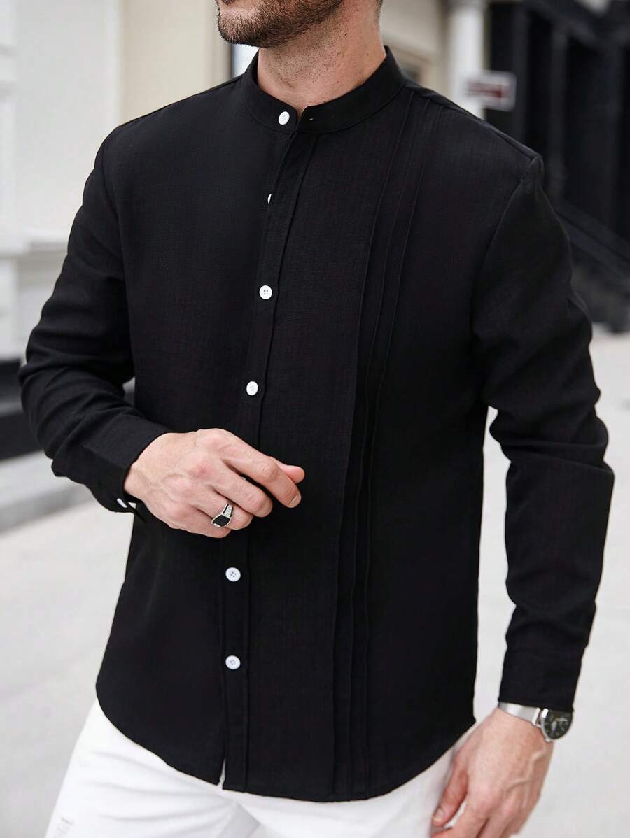 Manfinity Homme Men's Casual Business Commute Solid Color Long Sleeve Button-Up Shirt,Men's Solid Color Texture Casual Wrinkle Double Patch Bag Commuting Light Mature Long Sleeved Button Up Shirt, For Fall