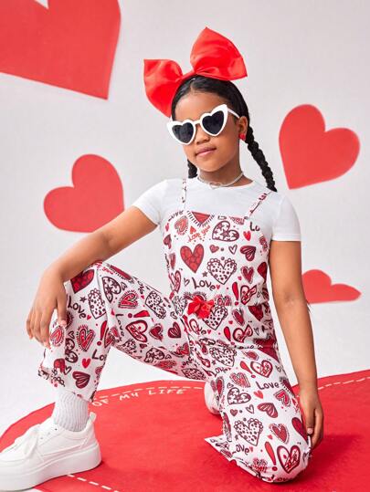Bodys y monos de niña preadolescente, decoración de lazo 3D rojo, estampado de corazón y letra para el Día de San Valentín, mono de tirantes con cintura, diseño dulce y de moda