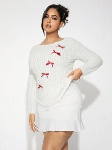 SHEIN SXY Plus Size Women Open Shoulder Rib-Knit Tight Top With Contrast Bow Decor - White - View 6