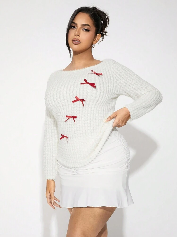 SHEIN SXY Plus Size Women Open Shoulder Rib-Knit Tight Top With Contrast Bow Decor - White - View 6